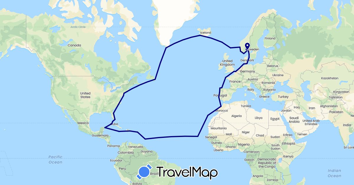 TravelMap itinerary: driving in Barbados, Canada, Cuba, Cape Verde, Germany, Denmark, Dominican Republic, Spain, Faroe Islands, France, United Kingdom, Greenland, Iceland, Jamaica, Morocco, Mexico, Netherlands, Norway, Portugal, Sweden, United States (Africa, Europe, North America)